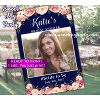 Navy photo booth frame,Nay blush Bridal Shower photo booth props frame,Floral Baby shower photo frame,(design 036w)